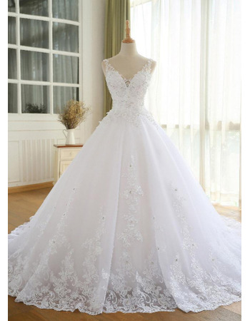 Gorgeous Appliques V-Neck Ball Gown Tulle Wedding Dresses with Crystal Beading Detail