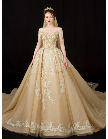 Luxury Beading Appliques Tulle Wedding Dresses with Long Sleeves
