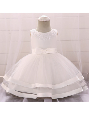 Cute Beading Scoop Neckline Satin Tulle First Holy Communion Dresses with Two Layered Skirt