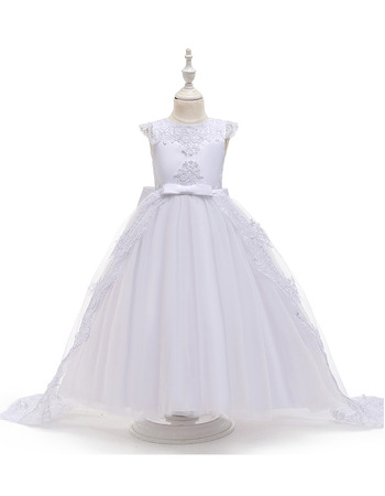 Princess Appliques Satin Tulle First Holy Communion Dresses with Cap Sleeves and Bowknot