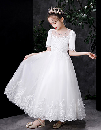 Couture Beaded Illusion Neckline Tulle First Holy Communion Dresses with Puff Sleeves and Appliques Detail