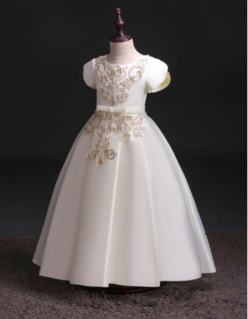 Beautiful Floral Appliques First Communion Dresses with Short Sleeves