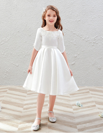 Tailored Scoop Neckline Knee Length Satin First Communion Flower Girl Dresses with Half Sleeves