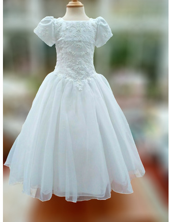 Pretty Princess Ball Gown Appliques Beading Organza First Communion Dresses with Puff Sleeves