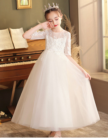 Beautiful Illusion Neck Tulle Flower Girl/ Communion Dresses with 3D Floral Appliques Bodice