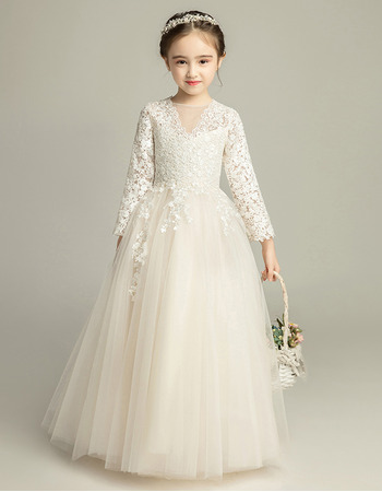 Pretty Ball Gown Floral Lace Bodice Flower Girl/Communion Dresses with Long Sleeves