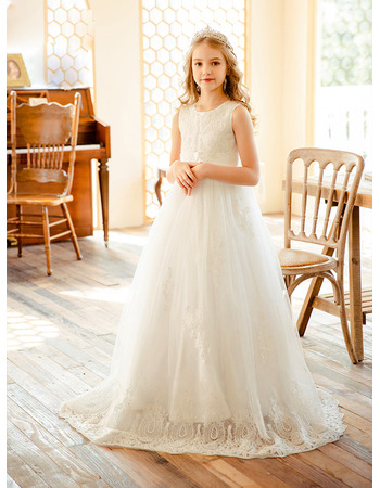 Affordable A-line Appliques Tulle Flower Girl/ Communion Dresses with Strappy Back