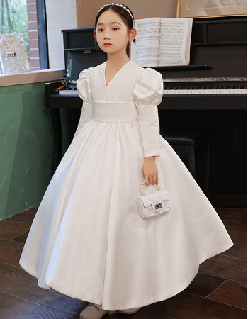 Fashionable Ball Gown Pleated Satin Flower Girl/ Communion Dresses with Long Bubble Sleeves