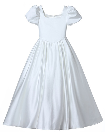 Simple A-line Square Neckline Satin Flower Girl/ Communion Dresses with Short Bubble Sleeves