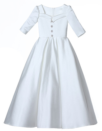 Cute A-line Square Neckline Satin Flower Girl/ Communion Dresses with Half Sleeves