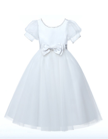 Pretty Scoop Neckline Satin Tulle Flower Girl/ Communion Dresses with Short Lace Sleeves