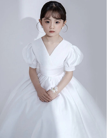Affordable V-Neckline Pleated Satin Flower Girl/ Communion Dresses with Bubble Sleeves