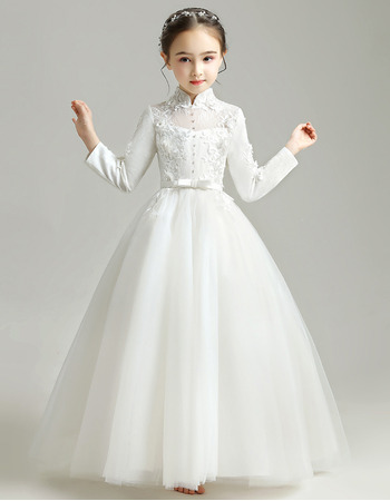 Charming High Neckline Tulle Flower Girl/ Communion Dresses with 3D Floral Appliques Bodice