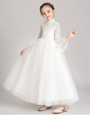Discount High Neckline Lace Tulle Flower Girl/ Communion Dresses with Beading Appliques Bodice