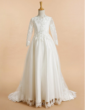 Affordable Beaded Appliques Long Length Tulle Satin Flower Girl/ Communion Dresses with Illusion Sleeves