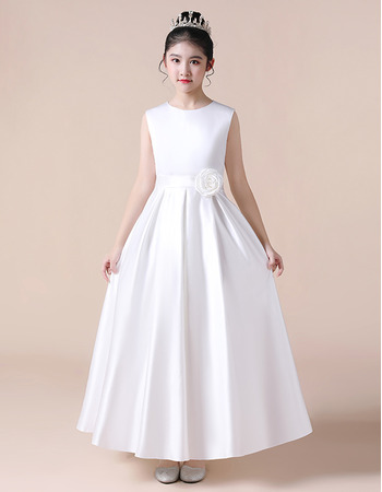 Simple A-line White Satin Flower Girl/ Communion Dresses with Handmade Flowers