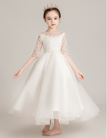 Simple A-line Ankle-length Lace Tulle Flower Girl/ Communion Dresses with Half Sleeves