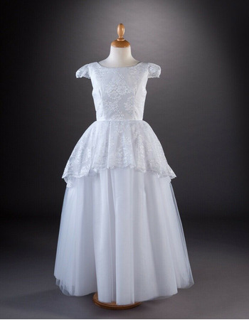 Lovely A-line Lace Tulle Flower Girl/ Communion Dresses with Cap Sleeves and Hi-low Over Skirt