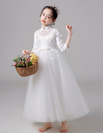 Charming High Neckline Appliques Tulle Flower Girl/ Communion Dresses with 3/4 Length Sleeves