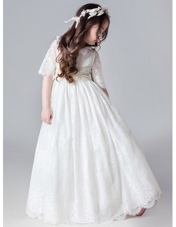Pretty Ruffled Neckline Lace Flower Girl/ Communion Dresses with Half Sleeves and Sashes