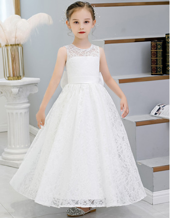 Pretty Scoop Neckline Pleated Lace Flower Girl/ Communion Dresses with Circle Cutout Back