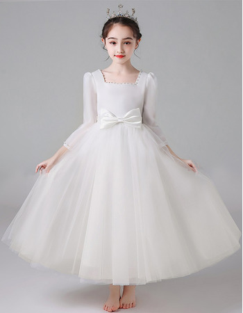 Discount Ankle-length Tulle Flower Girl/ Communion Dresses with 3/4 Length Sleeves