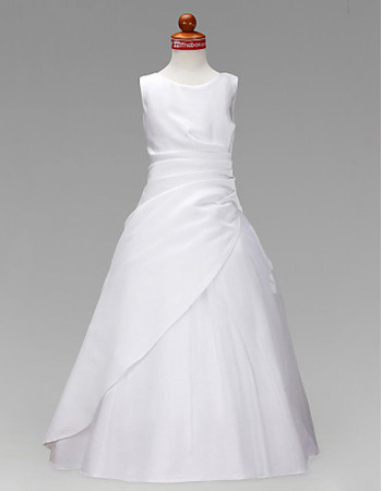 Simple Full Length Satin Tulle Flower Girl/ Communion Dresses with Side Split