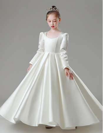 Princess Ball Gown Pleated Satin Flower Girl/ Communion Dresses with Long Sleeves