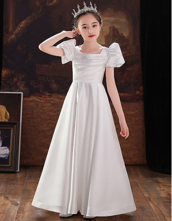 Simple A-line Square Neckline Satin Flower Girl/ Communion Dresses with Short Puff Sleeves