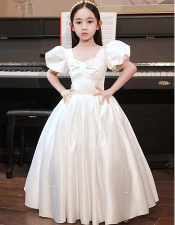 Princess Beaded Ball Gown Pleated Satin Flower Girl/Communion Dresses with Short Puff Sleeves