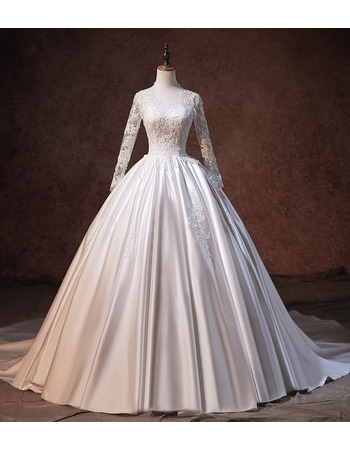 Floral Applique Ball Gown Satin Wedding Dresses with Long Sleeves and Open Back