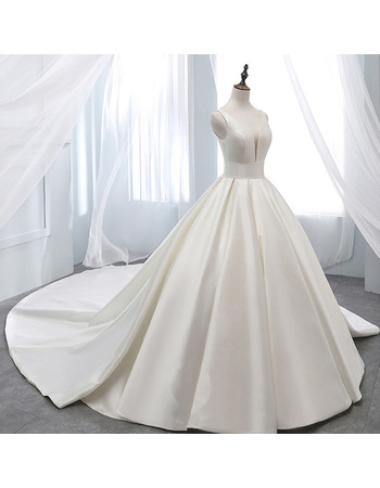 Simple Deep V-neck Court Train Satin Wedding Dresses with Pleated Ball Gown Skirt