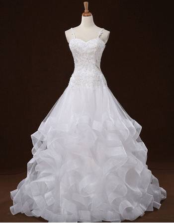 Beaded Appliques Spaghetti Straps Tulle Wedding Dresses with Layered Wide Horsehair Edging Skirt