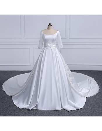 Plunging Scoop Neckline Plus Size Satin Wedding Dresses with Appliques Waist and Train