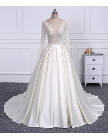 Gorgeous Crystal Beading Bodice Ball Gow Satin Wedding Dresses with Long Sleeves