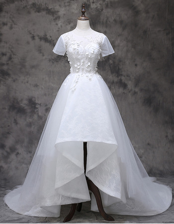Romantic Asymmetrical High-Low Hem Lace Tulle Wedding Dresses with Beading Petal Detail
