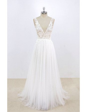 Dramatic Deep V-neckline and back Summer Tulle Wedding Dresses with Floral Appliques Bodice