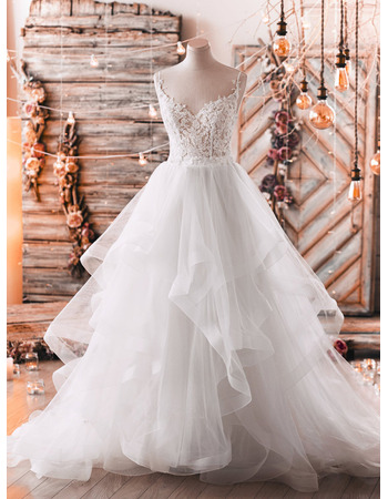 Sexy Exposed Back Two-piece Tulle Wedding Dresses with Appliques Bodice and Layered Skirt