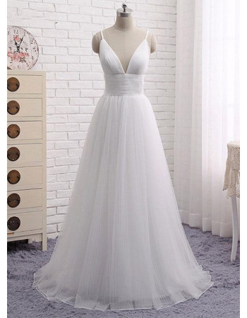 Simple and Sexy Deep V-neckline Pleated Tulle Wedding Dresses