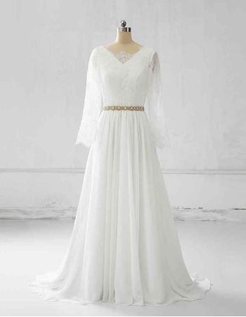 Elegant Deep V-back Chiffon Plus Size Wedding Dresses with Lace Bodice and Long Sleeves