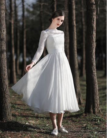 Perfect V-back Short Summer Lace and Chiffon Wedding Dresses with Long Sleeves