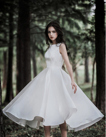 Simple Tea-Length Summer Satin Wedding Dresses with Pleated Skirt