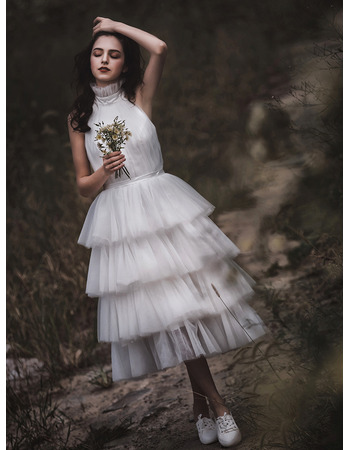 Beautiful Tea-Length Summer Tulle Wedding Dresses with Layered Ruffle Skirt