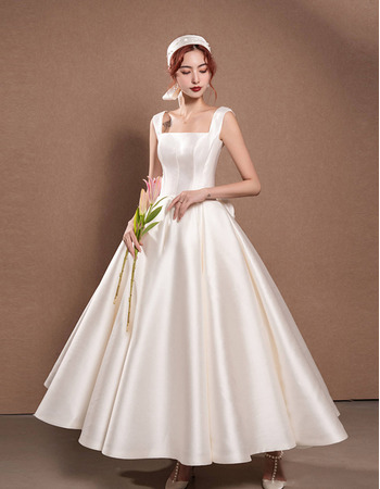 Elegantly Ankle-Length Satin Wedding Dresses with Low Back and Big Bowknot