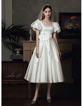 Elegance Tea-Length Pleated Satin Wedding Dresses with Chic Balloon Sleeves