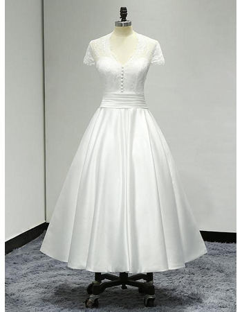 Perfect Tea-length Satin and Lace Summer Wedding Dresses with Cap Sleeves