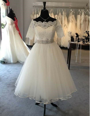Romantic Appliques Tee Length Tulle Wedding Dresses with Beaded Crystal Belt