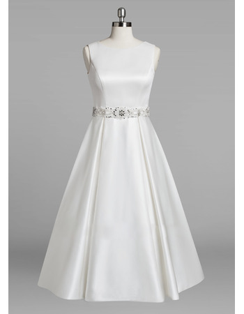 Seductive Exposed Back Tea-Length Satin Wedding Dresses with Beading Crystal-adorned Waist
