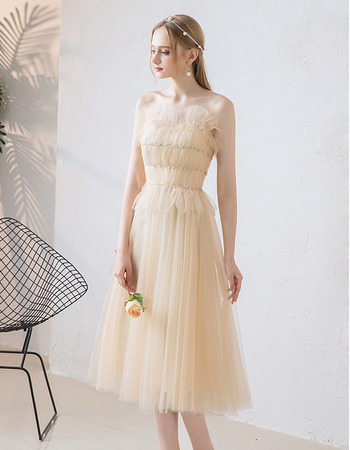 Fairytale Tea Length Pleated Tulle Wedding Dresses with Beaded Ruffle Detail
