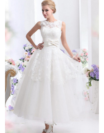 Graceful High Jewel Neckline Ankle Length Wedding Dresses with Lace Overlay Skirt